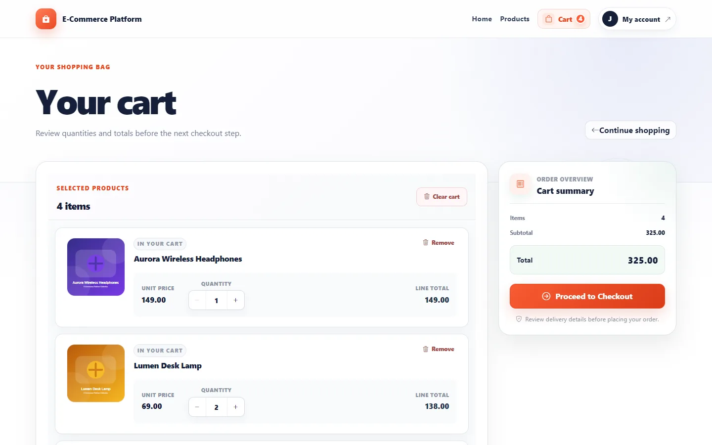 Shopping cart with quantities and totals