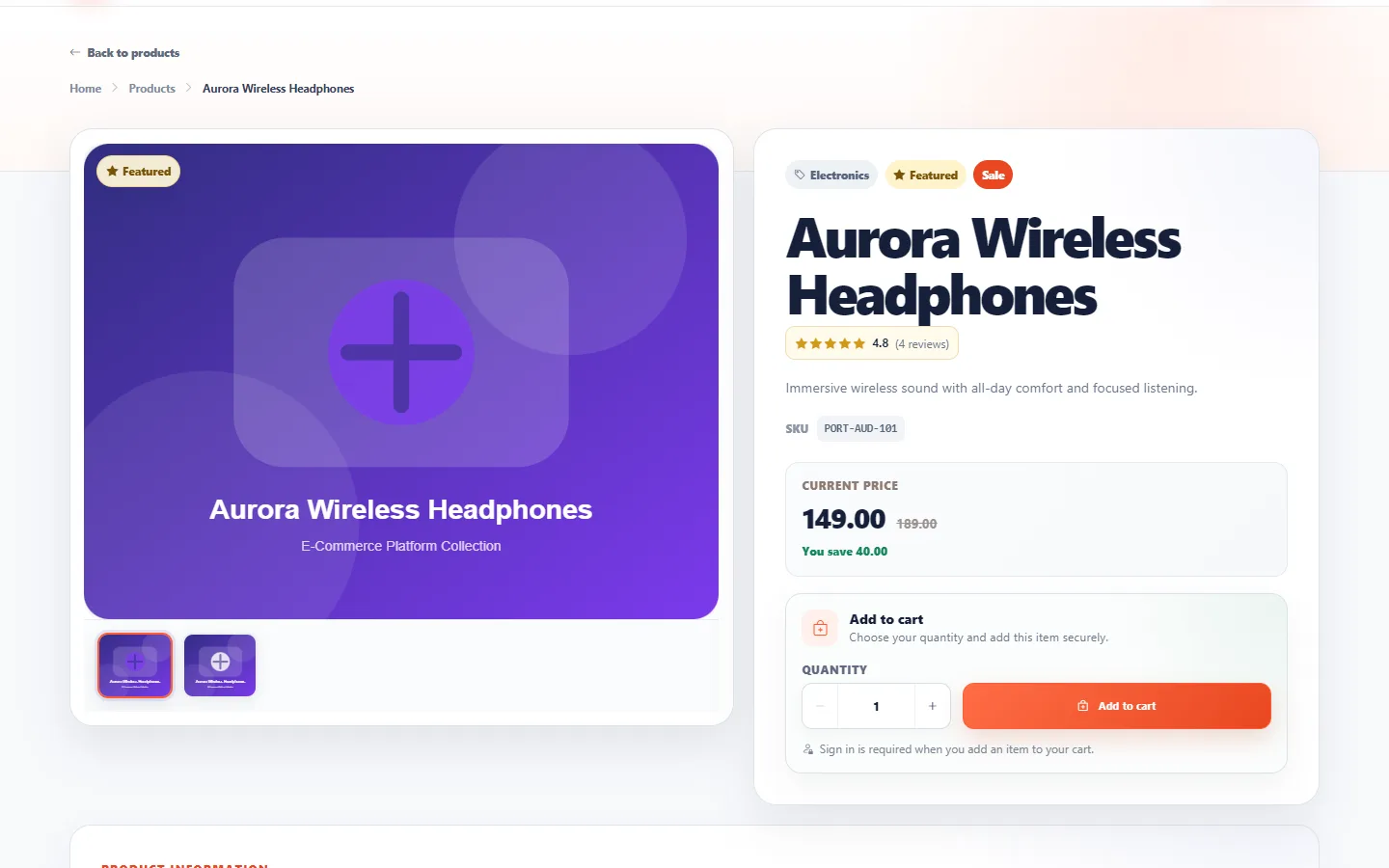 Product details page with image gallery, pricing, reviews, and add to cart panel