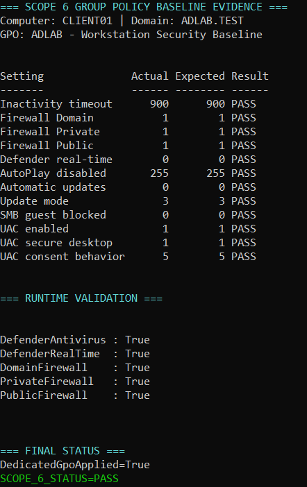 Sanitized workstation Group Policy baseline validation