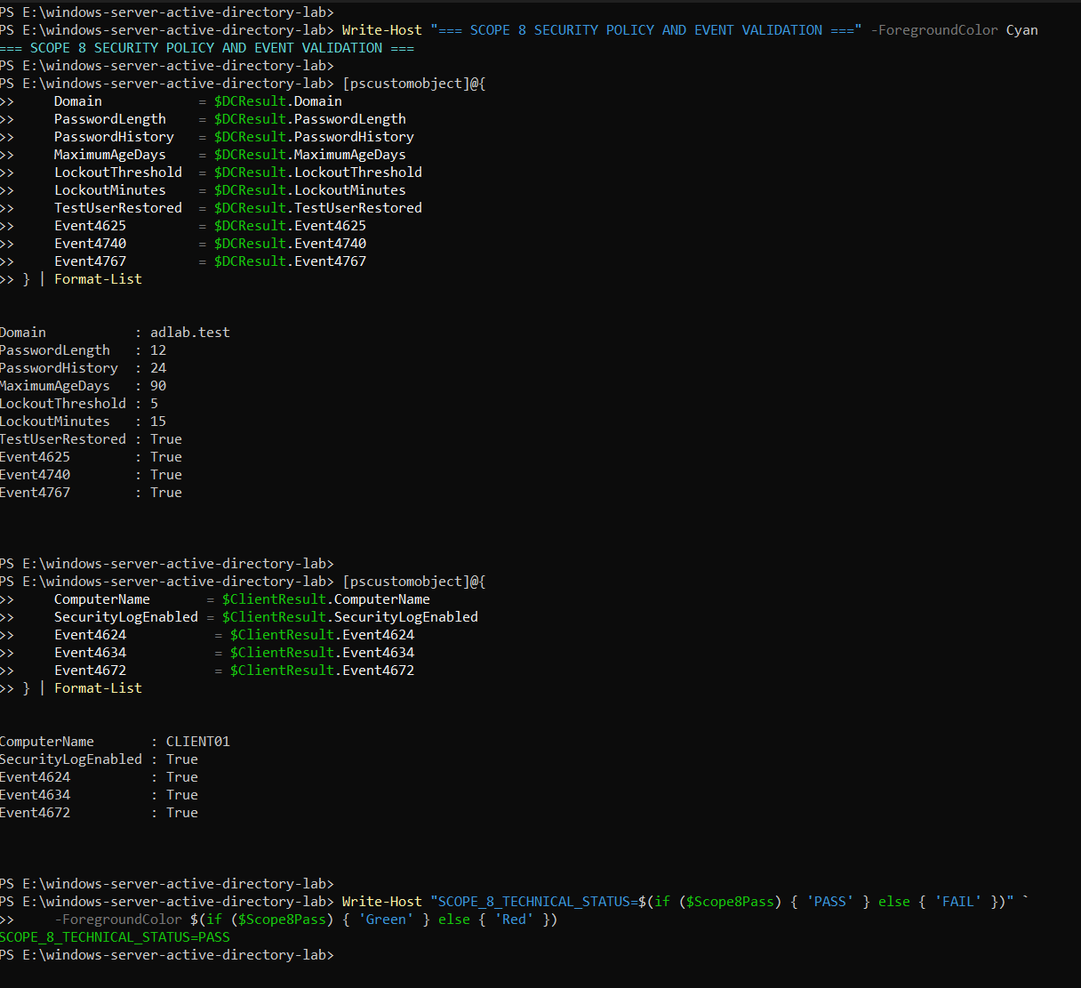 Sanitized security policy, account lockout, login, and Event Viewer validation