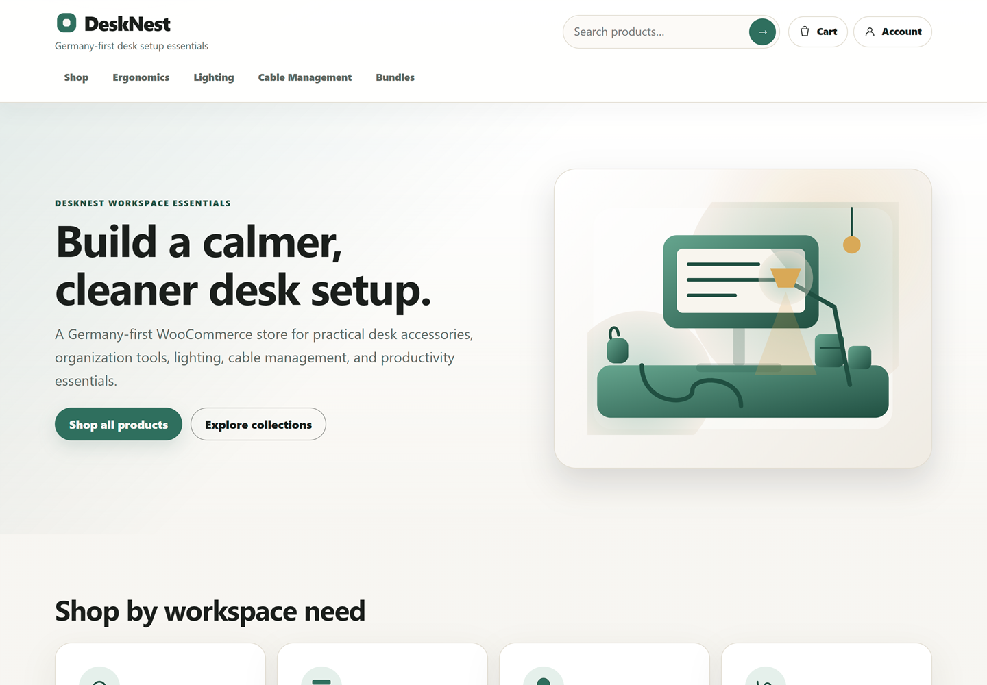DeskNest desktop homepage with a workspace hero and store navigation