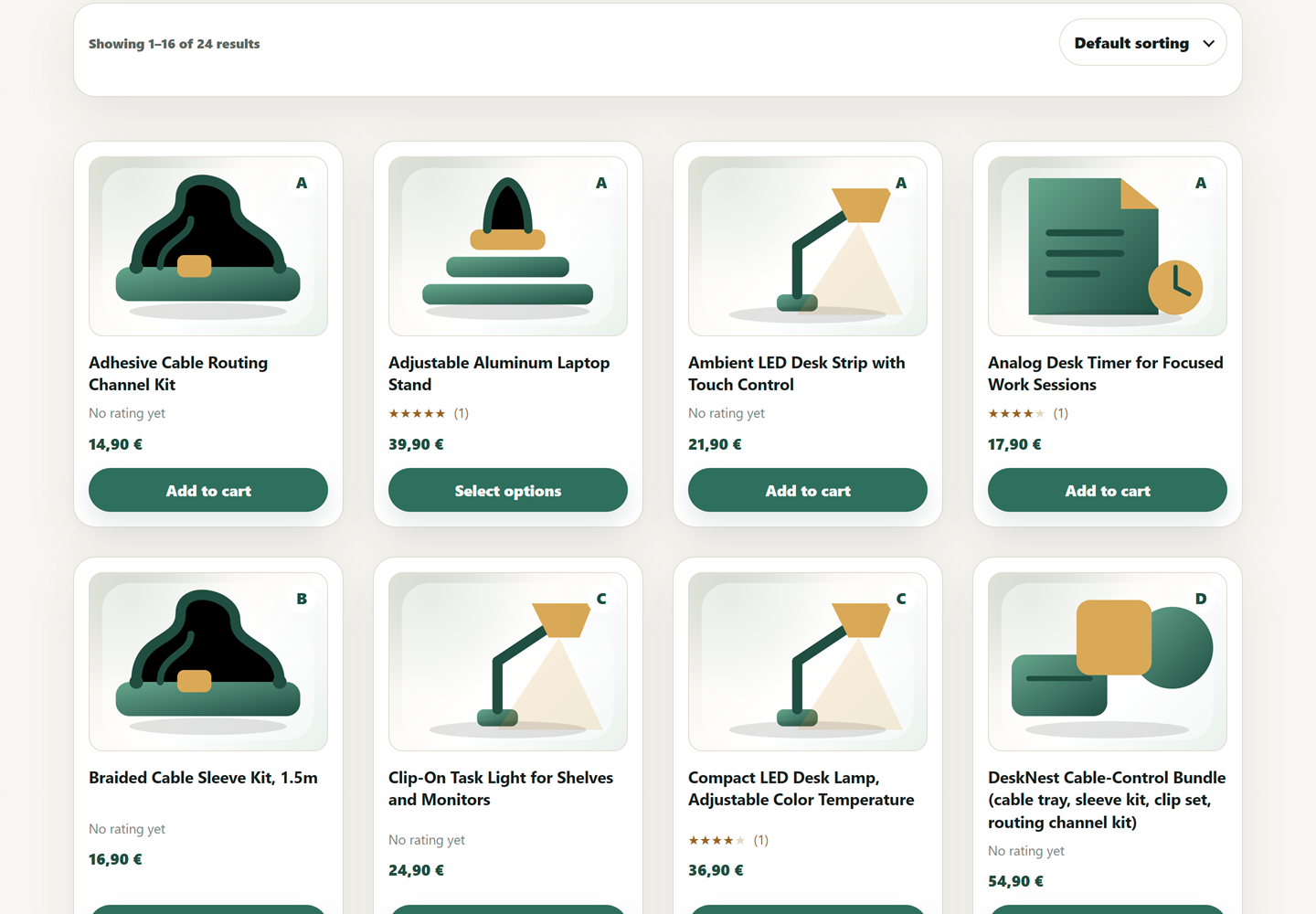 DeskNest shop archive with product grid and sorting controls
