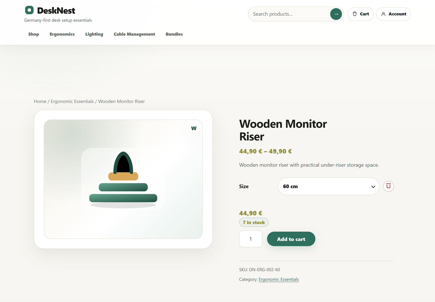 DeskNest variable product page with selected size variation